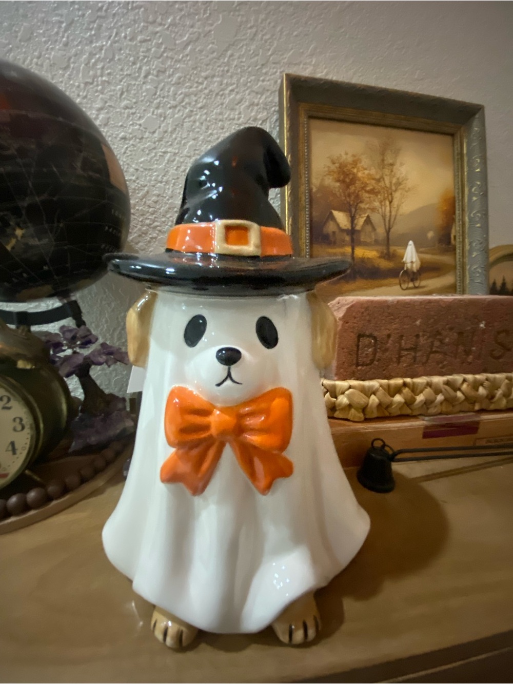 Halloween Ceramic Dog Ghost Figurine with Orange Bow and Witch Hat